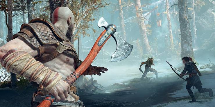 Kratos und Atreus kämpfen in God of War